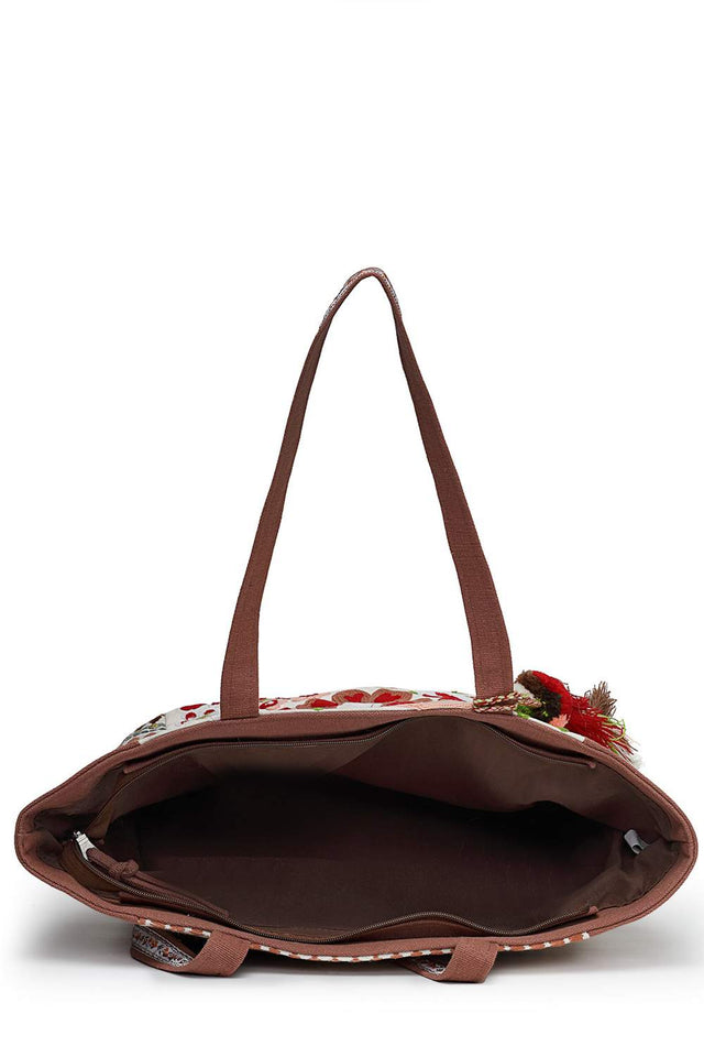 Off White Floral Embroidered Cotton Tote Bag