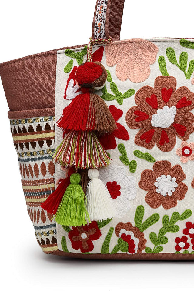 Off White Floral Embroidered Cotton Tote Bag