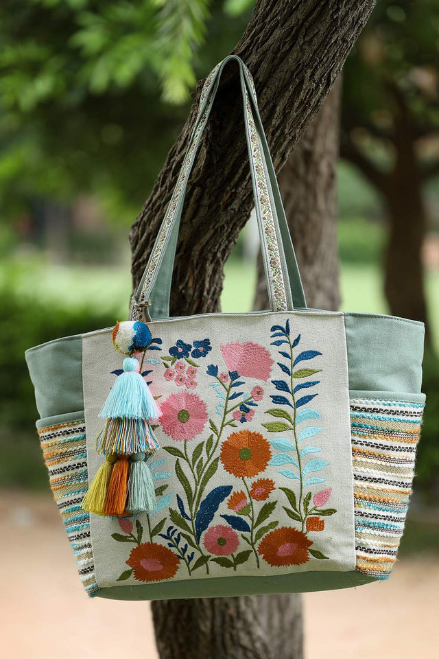 Off White Floral Embroidered Cotton Tote Bag