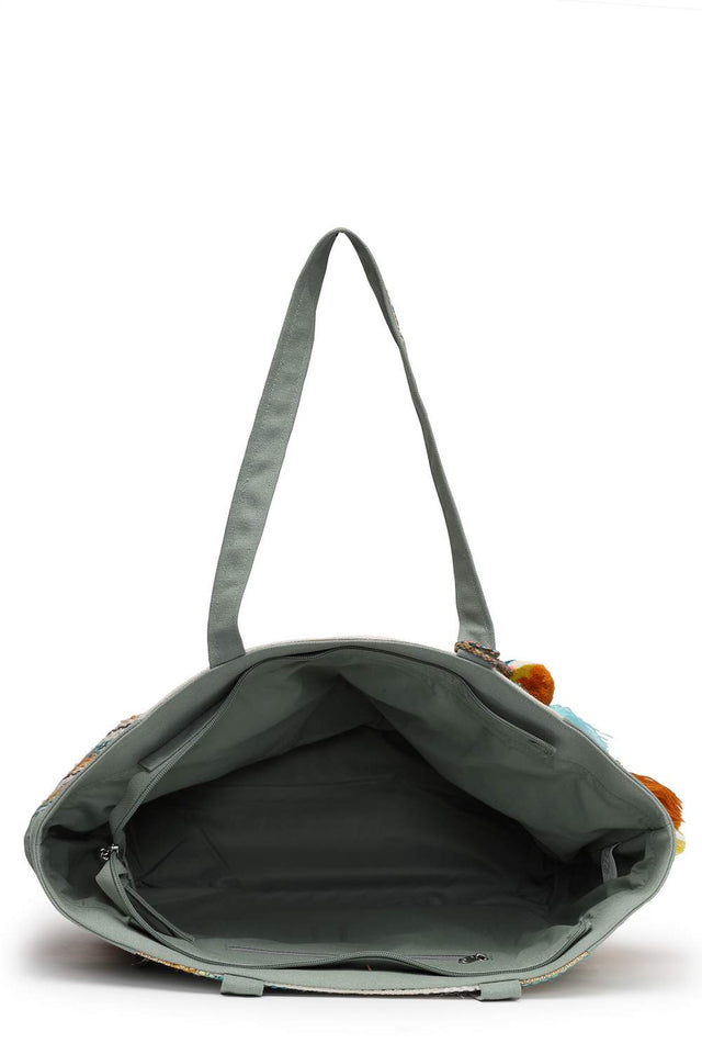 Off White Floral Embroidered Cotton Tote Bag