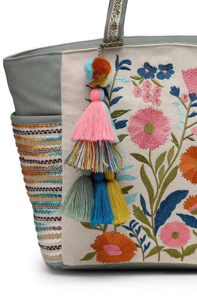 Off White Floral Embroidered Cotton Tote Bag