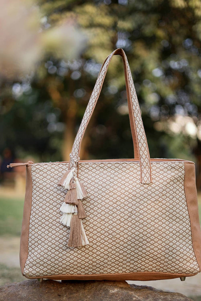 Beige Woven Diamond Motifs Cotton Tote Bag (ADB5305A)