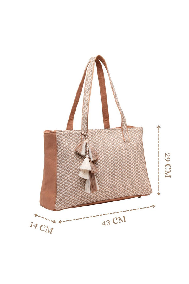 Beige Woven Diamond Motifs Cotton Tote Bag (ADB5305A)