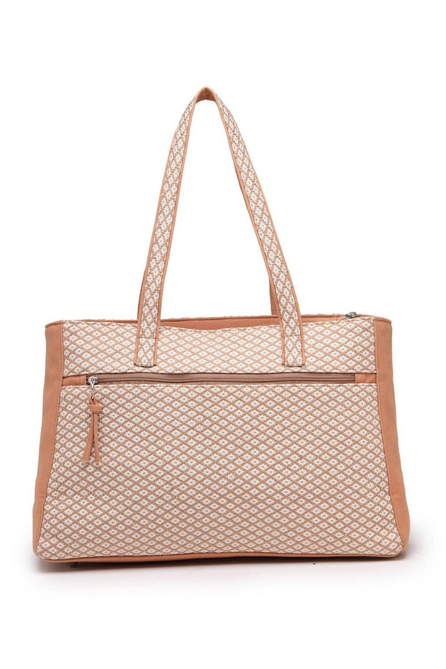 Beige Woven Diamond Motifs Cotton Tote Bag (ADB5305A)
