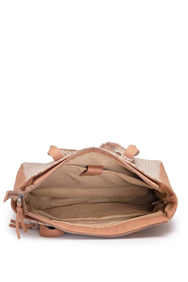 Beige Woven Diamond Motifs Cotton Tote Bag (ADB5305A)