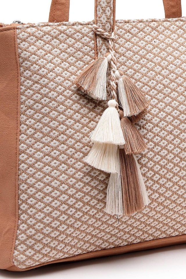 Beige Woven Diamond Motifs Cotton Tote Bag (ADB5305A)