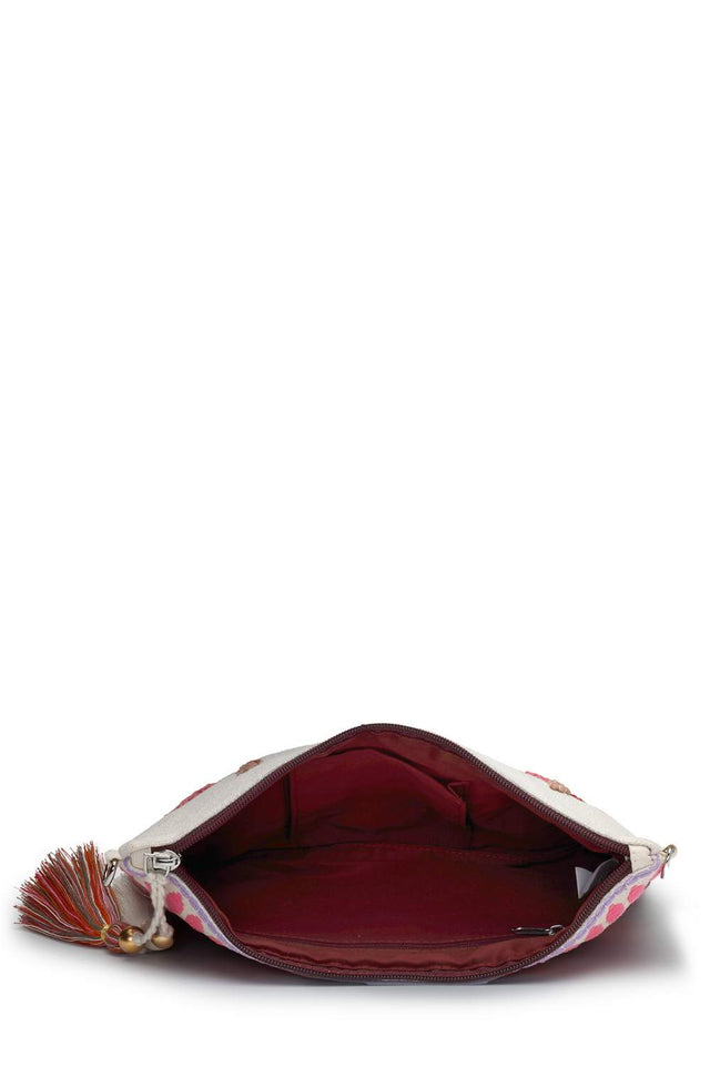 Off White Floral Embroidered Cotton Sling Bag