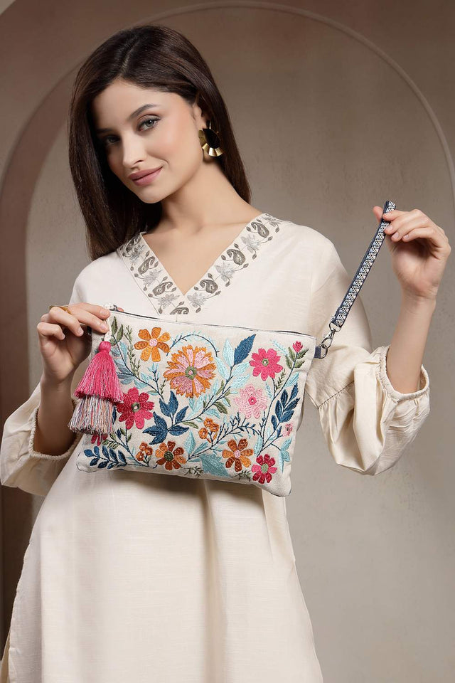 Off White Floral Embroidered Cotton Sling Bag