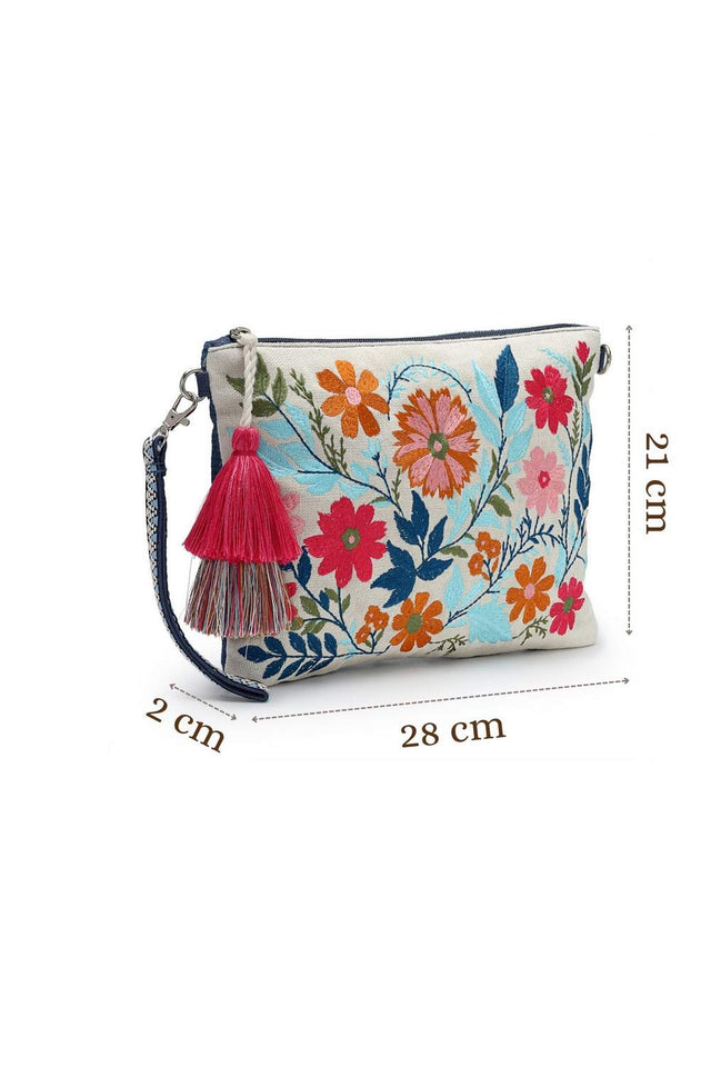 Off White Floral Embroidered Cotton Sling Bag