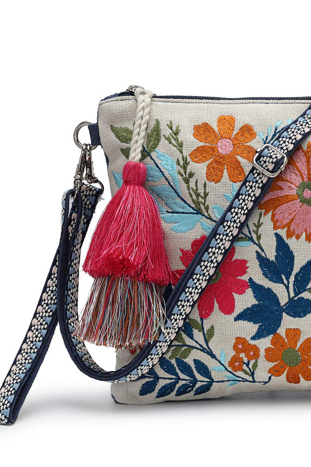 Off White Floral Embroidered Cotton Sling Bag