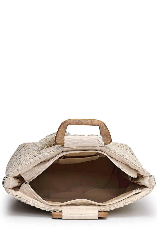 Off White Chevron Woven Cotton Hand Bag