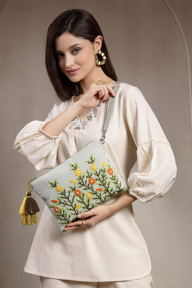 Pastel Green Floral Embroidered Cotton Sling Bag