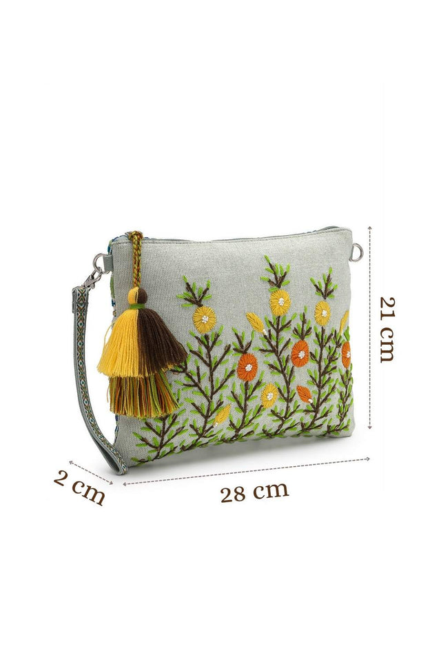 Pastel Green Floral Embroidered Cotton Sling Bag