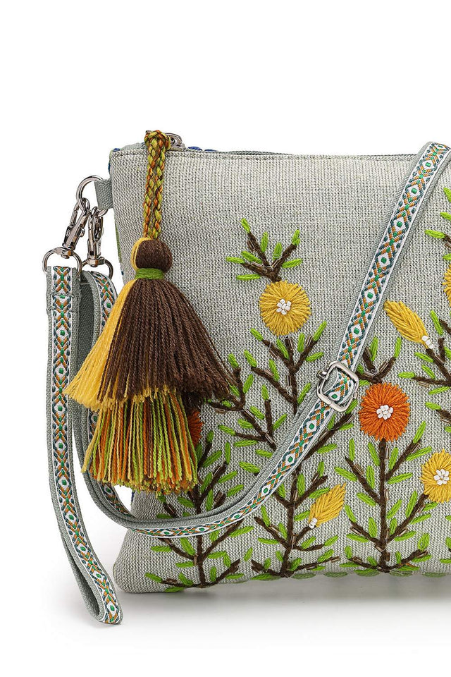Pastel Green Floral Embroidered Cotton Sling Bag