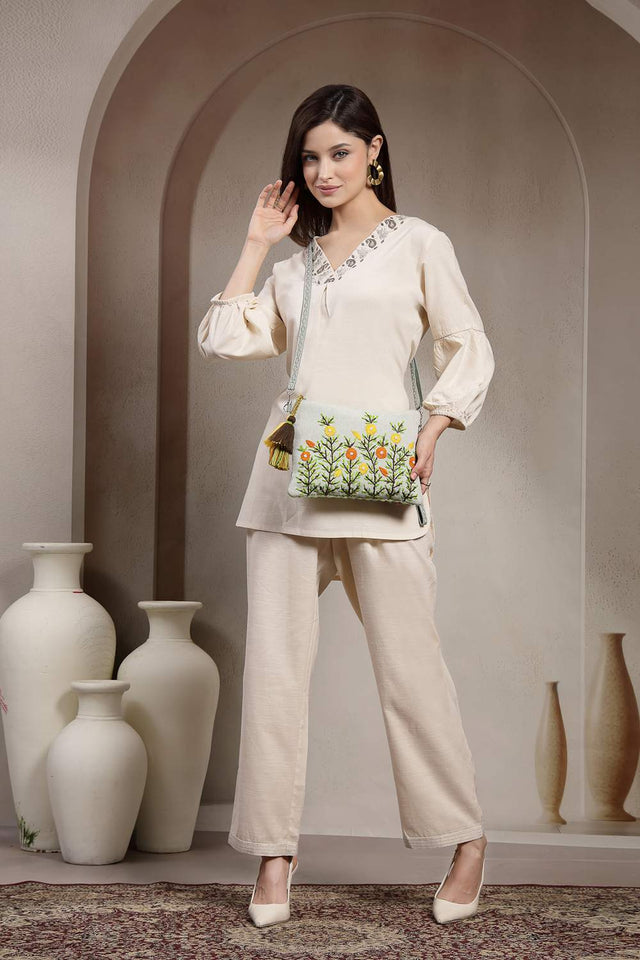 Pastel Green Floral Embroidered Cotton Sling Bag