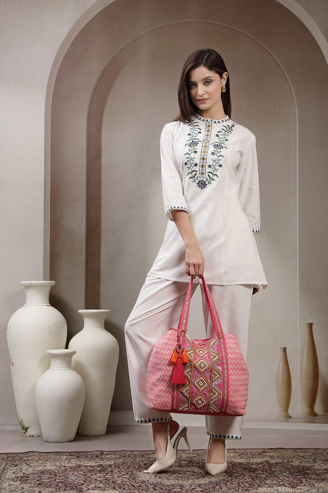 Pink Beaded Cotton Hand Bag