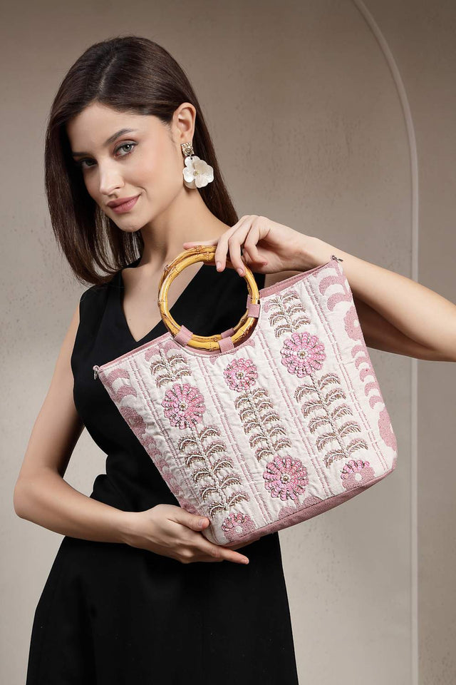 White Floral Embellished Cotton Hand Bag