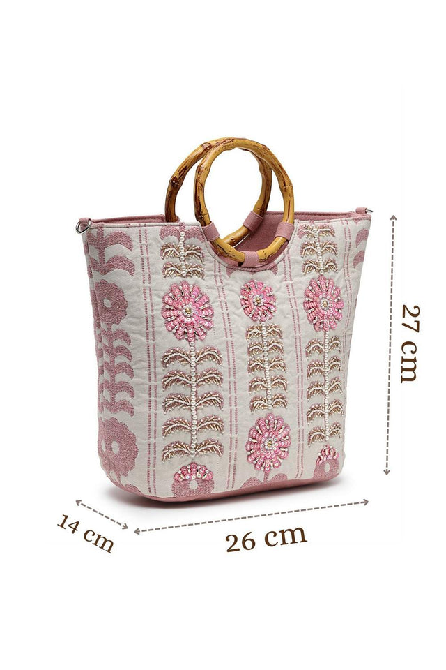 White Floral Embellished Cotton Hand Bag
