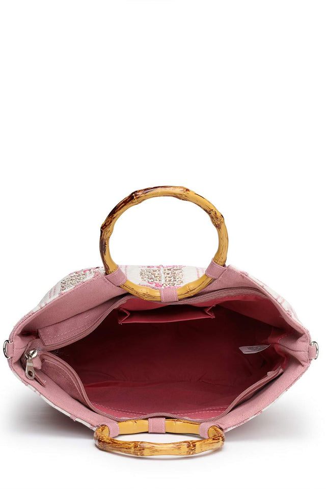 White Floral Embellished Cotton Hand Bag