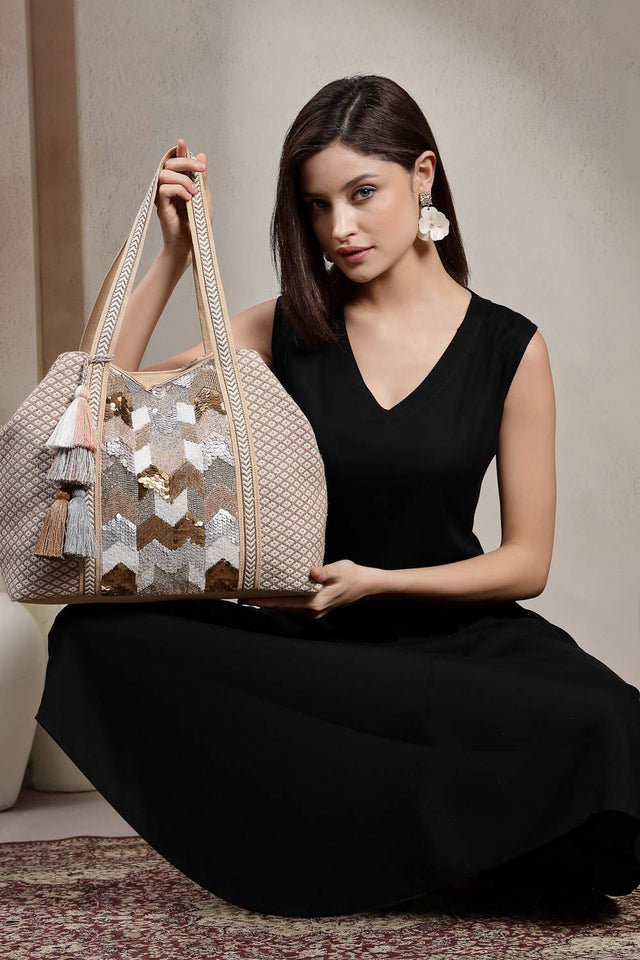 Beige Embellished Cotton Hand Bag