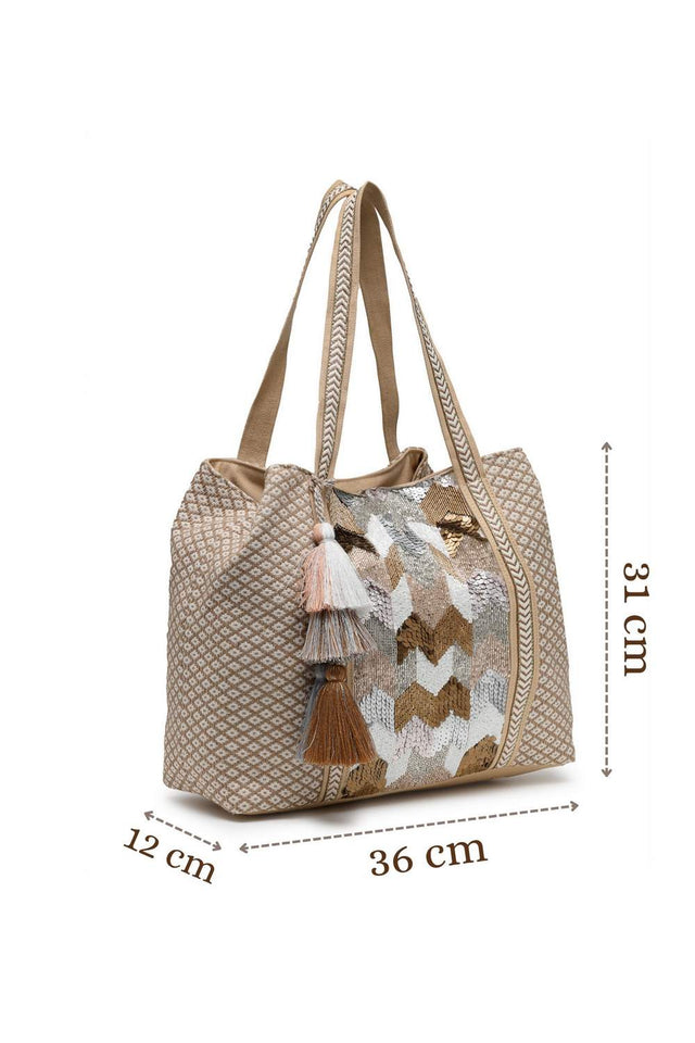 Beige Embellished Cotton Hand Bag