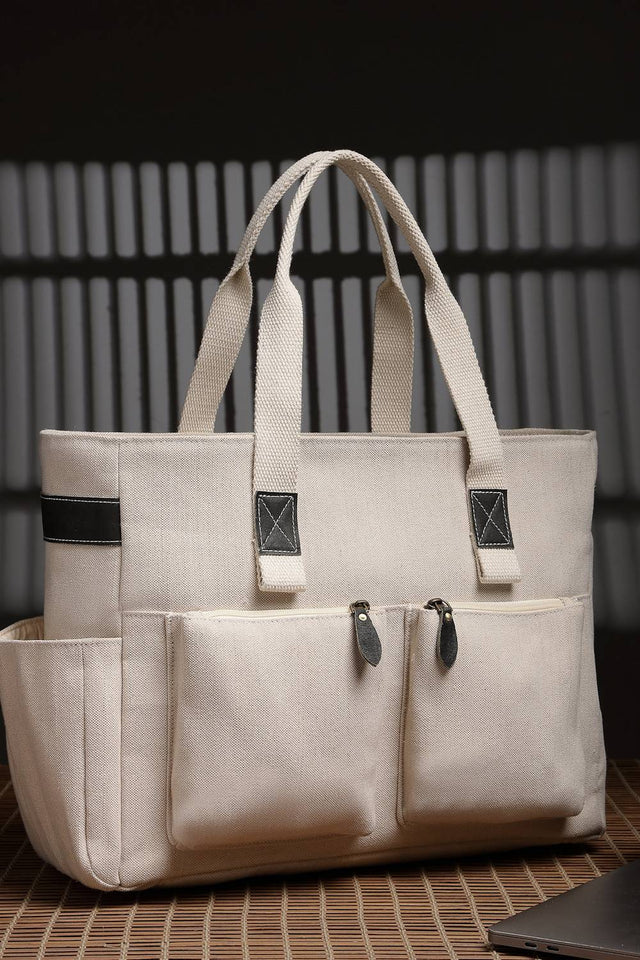 Off White Solid Cotton Tote Bag (ADB5324A)