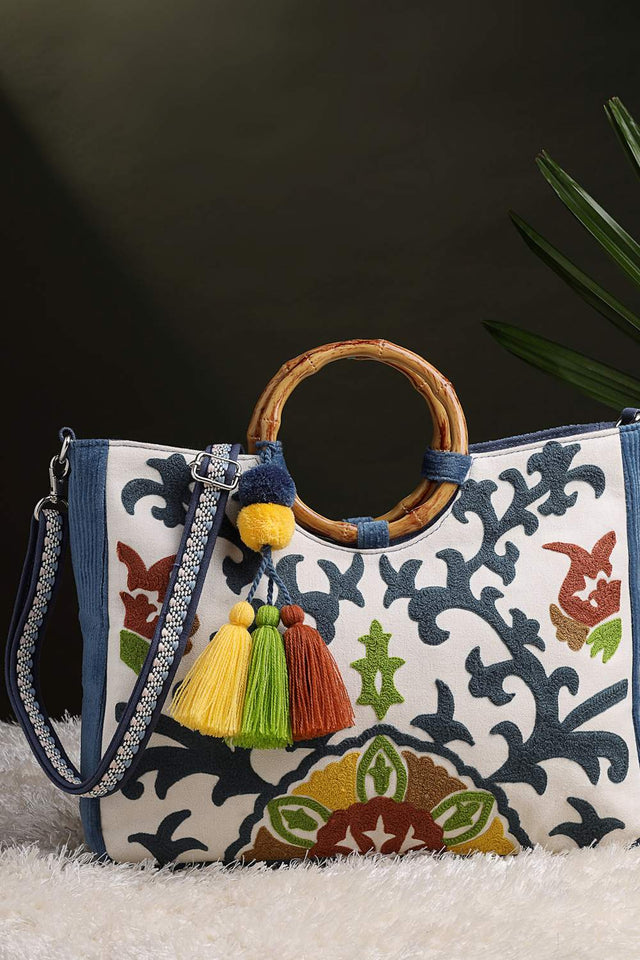 White Floral Embroidered Cotton Hand Bag