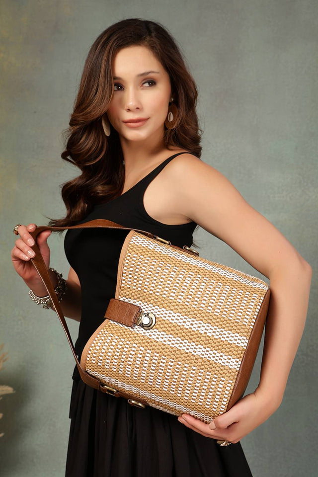 Brown Striped Woven Canvas Hand Bag (ADB5339A)