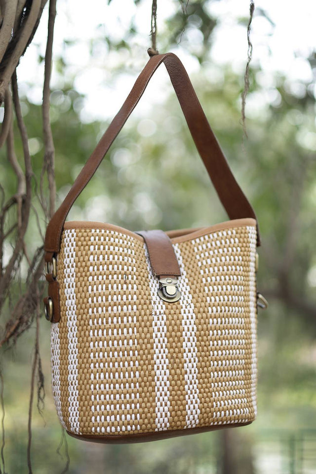 Brown Striped Woven Canvas Hand Bag (ADB5339A)