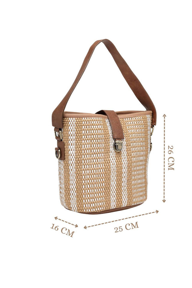 Brown Striped Woven Canvas Hand Bag (ADB5339A)