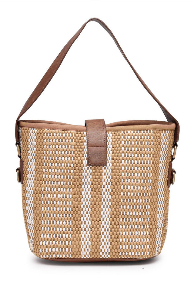Brown Striped Woven Canvas Hand Bag (ADB5339A)