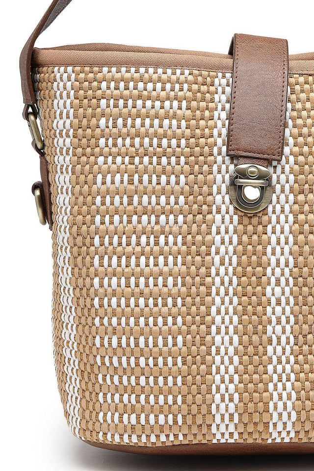 Brown Striped Woven Canvas Hand Bag (ADB5339A)
