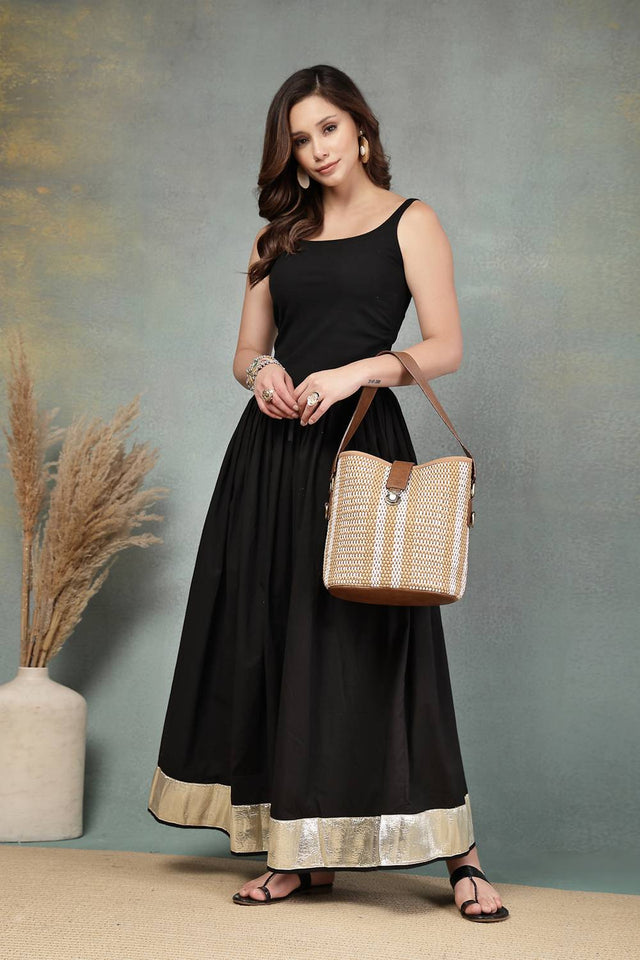 Brown Striped Woven Canvas Hand Bag (ADB5339A)