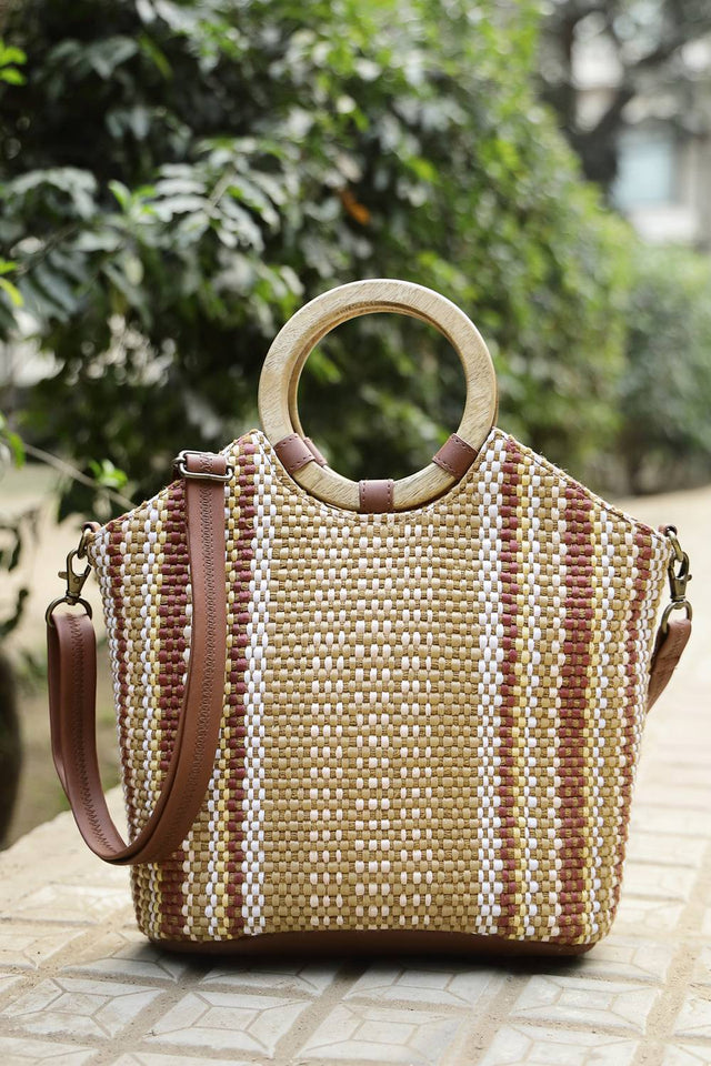 Brown Striped Woven Canvas Hand Bag (ADB5341A)