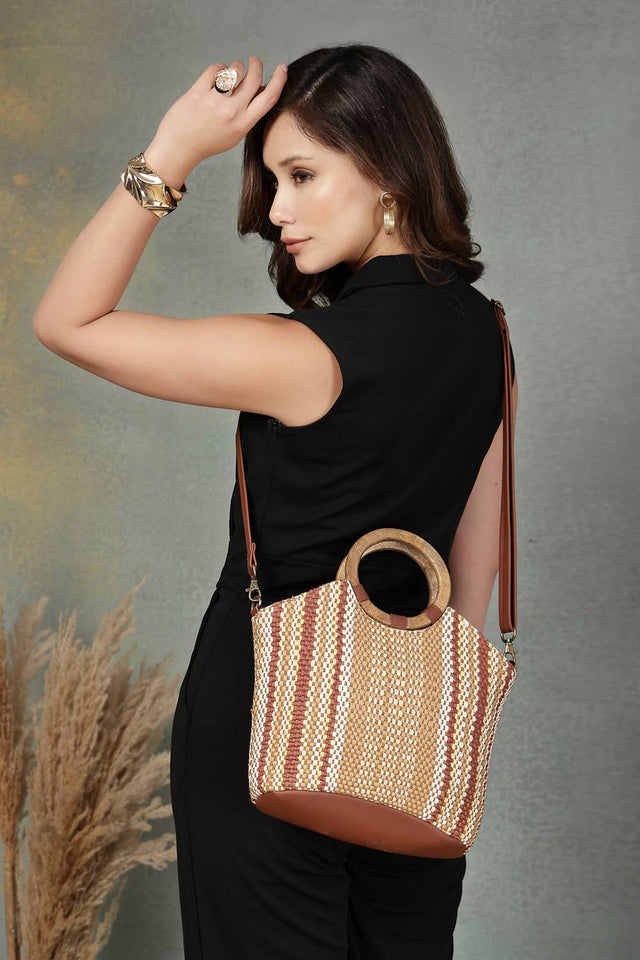 Brown Striped Woven Canvas Hand Bag (ADB5341A)