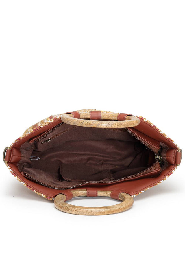 Brown Striped Woven Canvas Hand Bag (ADB5341A)