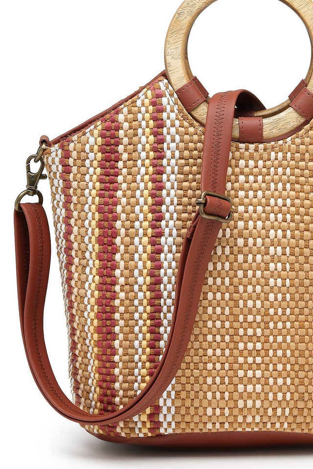 Brown Striped Woven Canvas Hand Bag (ADB5341A)