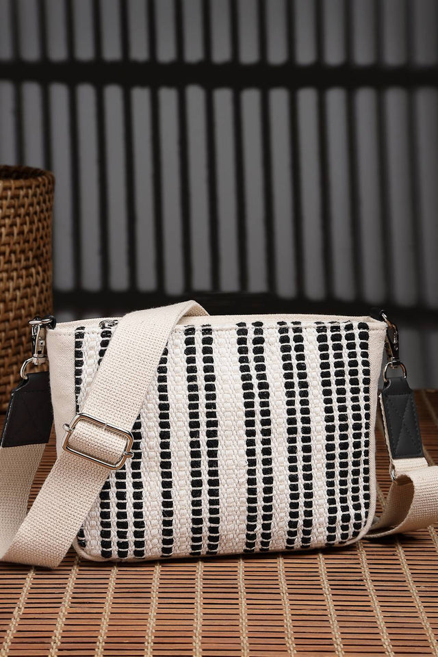 Black Woven Stripe Pattern Cotton Sling Bag (ADB5342A)