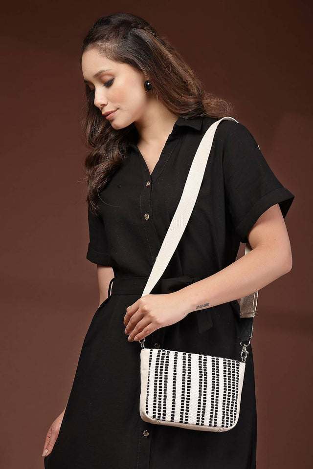 Black Woven Stripe Pattern Cotton Sling Bag (ADB5342A)