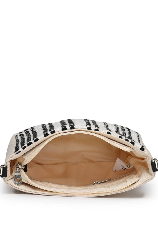 Black Woven Stripe Pattern Cotton Sling Bag (ADB5342A)
