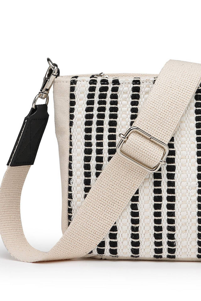 Black Woven Stripe Pattern Cotton Sling Bag (ADB5342A)