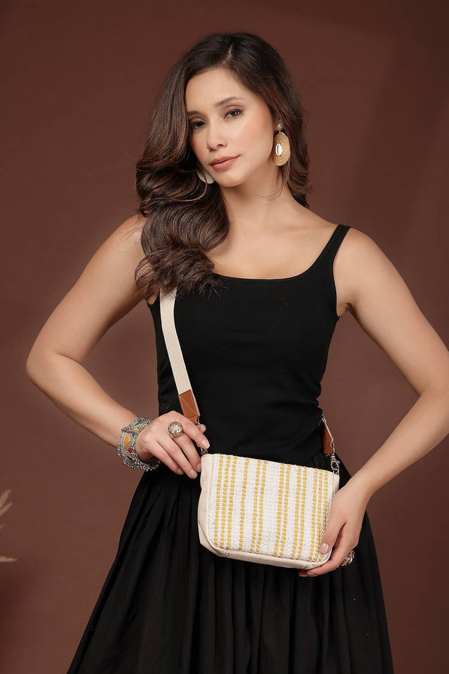 Mustard Woven Stripe Pattern Cotton Sling Bag (ADB5342B)