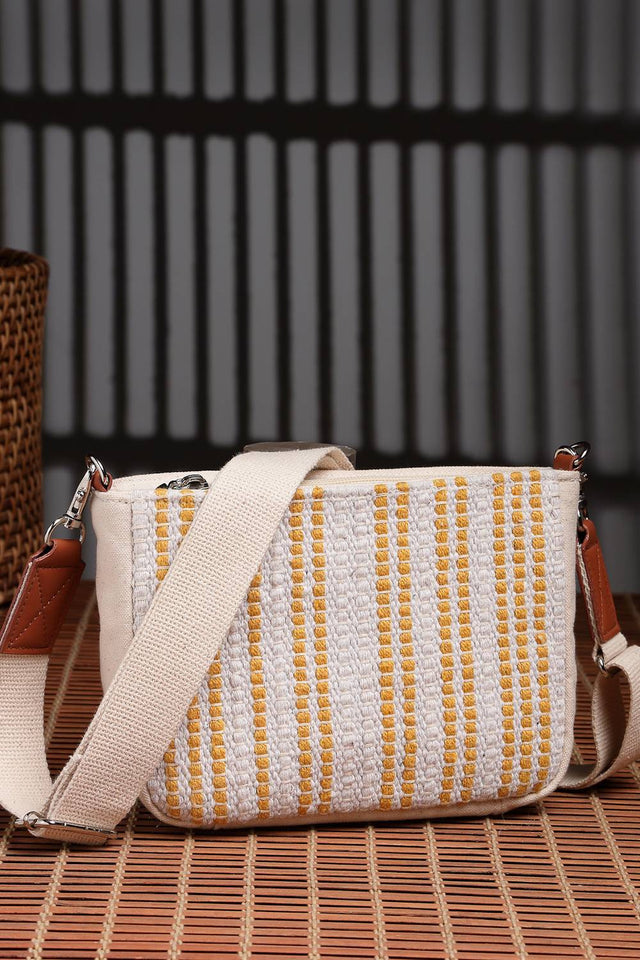 Mustard Woven Stripe Pattern Cotton Sling Bag (ADB5342B)