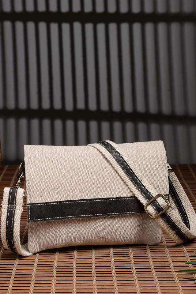 Off White Solid Cotton Sling Bag (ADB5343A)