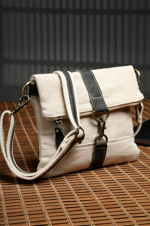 Off White Solid Cotton Sling Bag (ADB5344A)