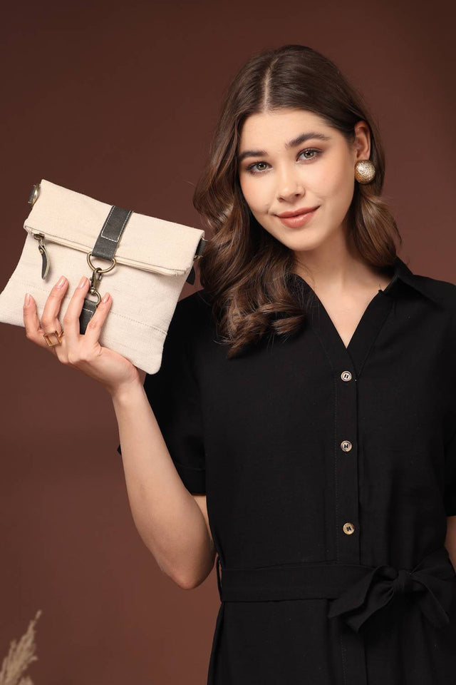 Off White Solid Cotton Sling Bag (ADB5344A)