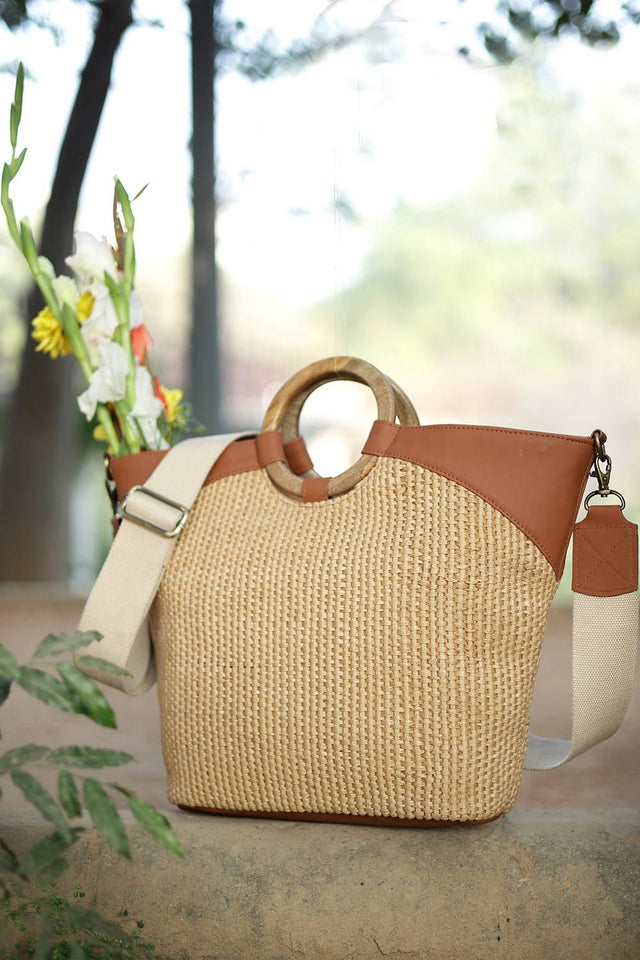 Brown Woven Canvas Hand Bag (ADB5346A)