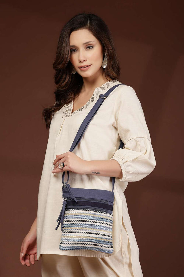 Navy Blue Striped Woven Acrylic Jacquard Sling Bag