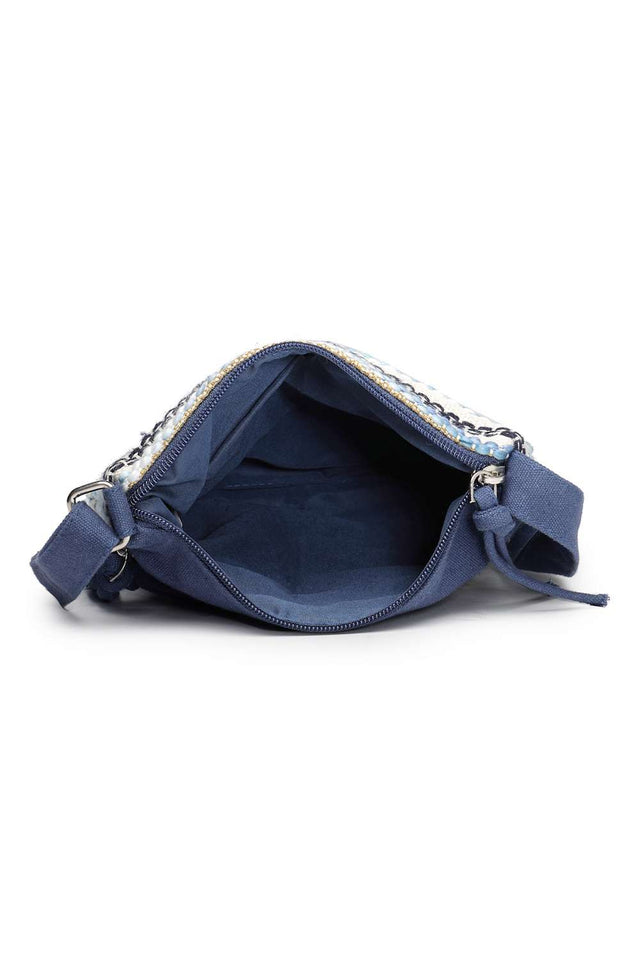 Navy Blue Striped Woven Acrylic Jacquard Sling Bag