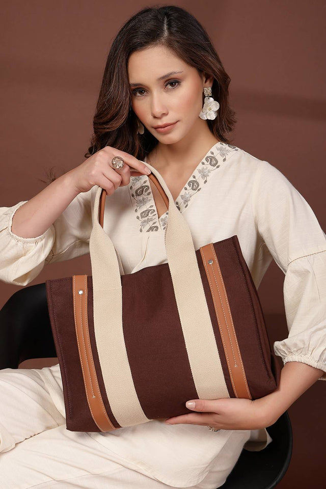Brown Solid Colorblocked Cotton Hand Bag (ADB5351A)